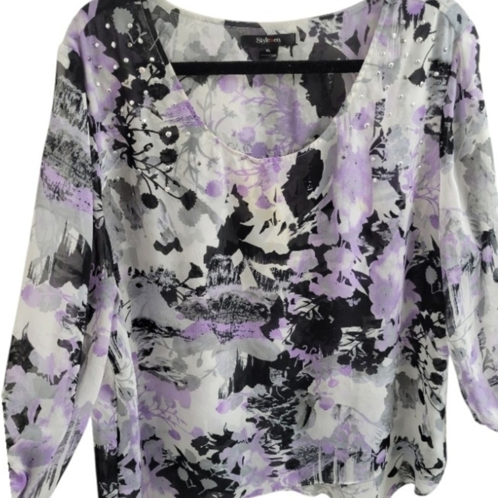 ☆Style & Co. Floral‎ Blouse Scoop Neck Lavender Black 3/4 Sleeve Flowy Elegant